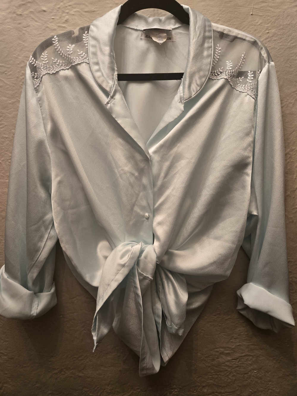 Vintage Satin Blouse Lace Sheer Shoulder Blue Cottagecore Romantic Top L XL - Picture 2 of 9